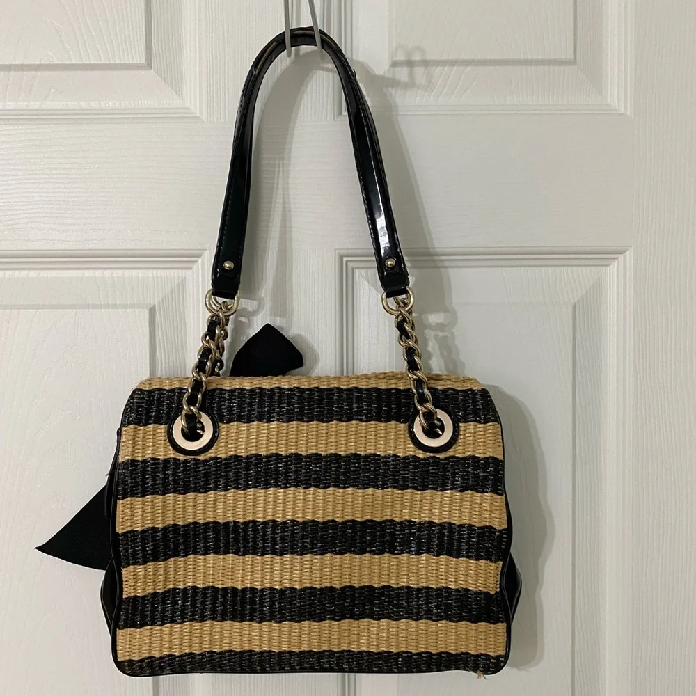 kate spade Black and Tan Striped Straw Tote with Black Bow